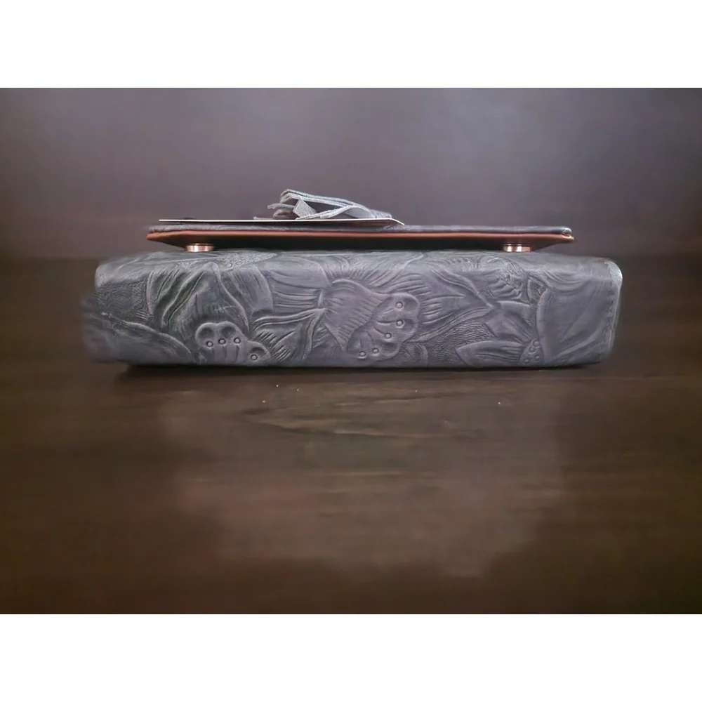 Light Blue Gray Sunflower Embossed Tooled Artisan LEATHER Crossbody Bag Purse - Picture 9 of 15